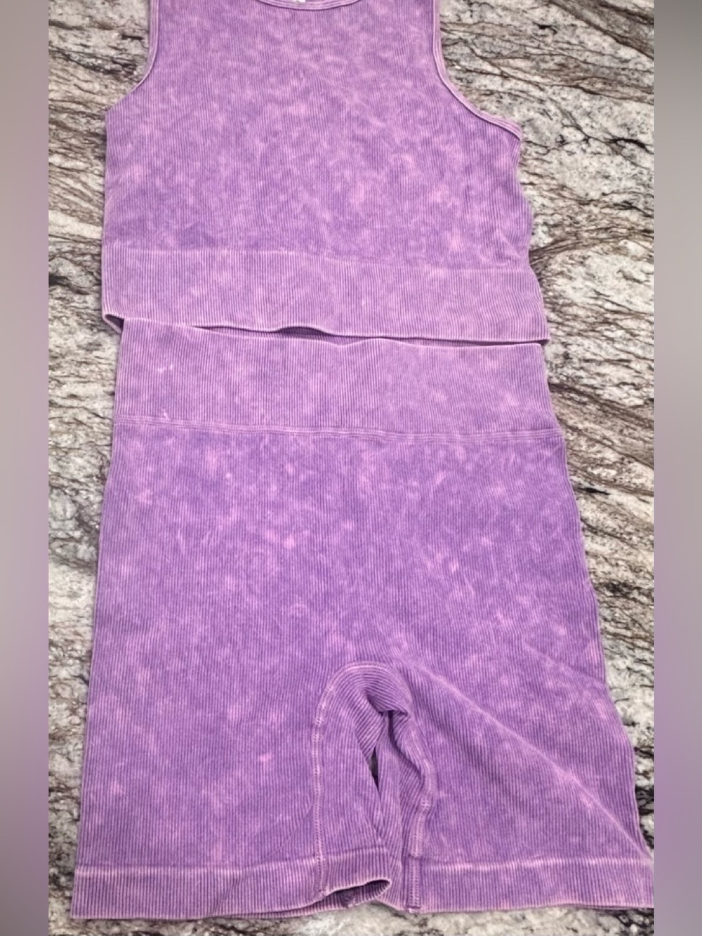 Active USA Purple Acid Wash Crop Tank & Biker Short Set NWOT Size M/L - Picture 2 of 6